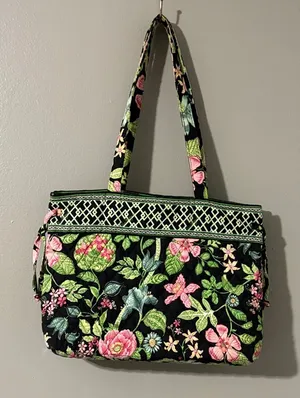 Vera Bradley Black Tote with Pink and Green Floral Pattern thumbnail 1