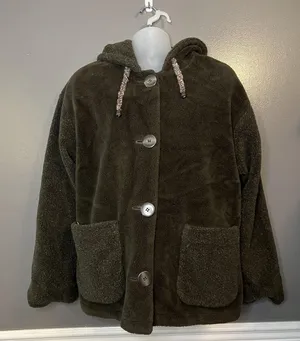 BB Dakota Jacket Womens Medium Olive Reversible Hooded Fleece Button 15099 thumbnail 1