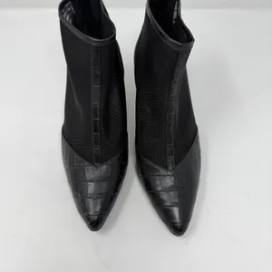 LOGO Croc Embossed Mesh Pointed Toe Block Heel Ankle Boot Black Women Size 6 thumbnail 5