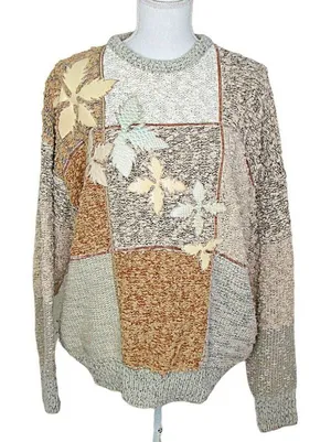 Vintage Y2k Kocal Womens Leaf Fall Theme Colorblock Sweater Tans Mint Green Sz L thumbnail 1