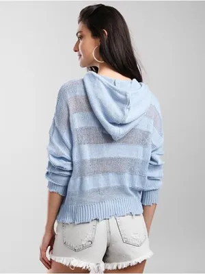 BKE Ribbed Open Weave Hooded Cropped Knit Sweater Kentucky Blue Size Large thumbnail 2