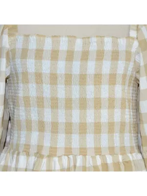NWT Mud Pie Large Byerly Midi Dress Tan Gingham Plaid Smocked Cottagecore Ruffle thumbnail 3