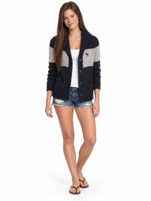 Abercrombie & Fitch Womens M Navy Gray Moose Shawl Collar Cardigan Sweater thumbnail 3