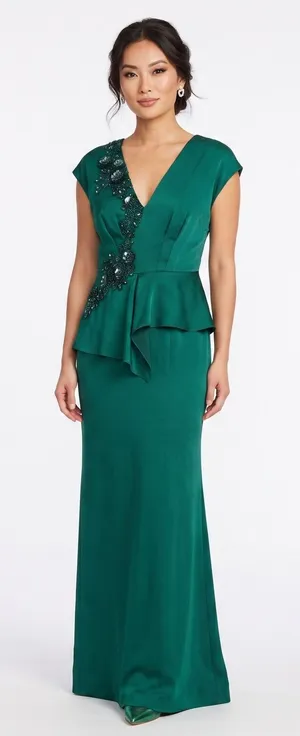 Aidan Mattox‎ Gown 8 Emerald Green Beaded Peplum V-Neck Maxi Slit Dress NWT thumbnail 1