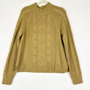 J Crew Women's Pom Pom Cable Knit Sweater Size Large Lambswool Blend Camel thumbnail 2