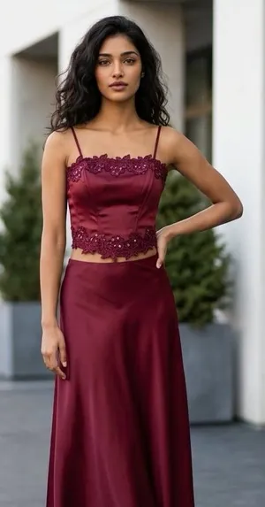 Polka USA Vintage Two-Piece Burgundy Satin Prom Dress Lace-Up Corset Top & Maxi thumbnail 1