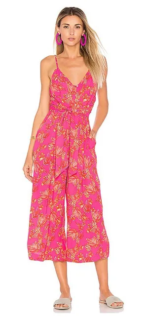 Free People Hot Tropics Jumpsuit Size 4 Pink Floral Cropped Wide Leg Boho thumbnail 1