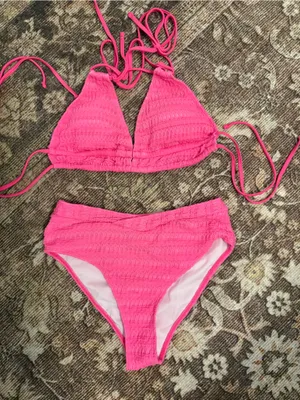 SHEIN Hot Pink Textured Triangle Bikini Set thumbnail 1