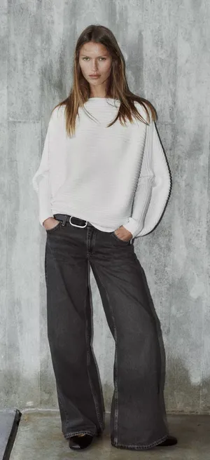NWT Zara Volume Textured Knit Jumper Sweater Boat Neck White Sz S-M thumbnail 1