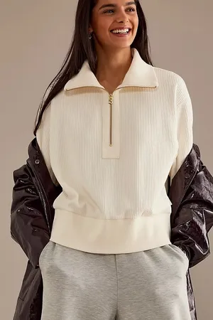 Varley Radford Half-Zip Ribbed Sweatshirt in cream sz L thumbnail 1