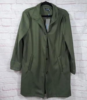 Women’s Olive Green Long Fleece Coat Jacket Size Large Button Front thumbnail 1