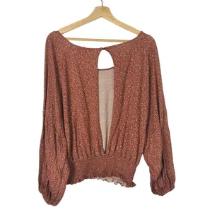 Willow + Root Red Ditsy Floral Open Back Smocked Waist Long‎ Sleeve S thumbnail 2