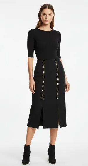 Erez Collections Midi Bedazzled Skirt 100% Wool Gold Studs Slits Black Women's S thumbnail 1