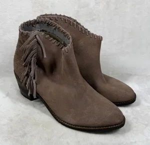 Extrafine Sugar Taupe Suede‎ Fringe Western Ankle Boots Whipstitch Trim 10 thumbnail 1