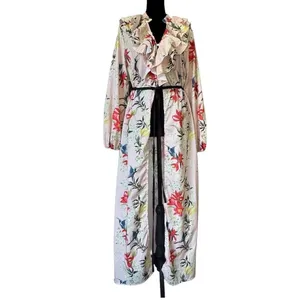 Women's Floral Print Ruffle Long Robe Duster Kimono Beach Cover-Up Tie Belt thumbnail 3