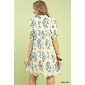 Umgee Mix Paisley Scallop Trim Dress - Blue Mix - Small thumbnail 3