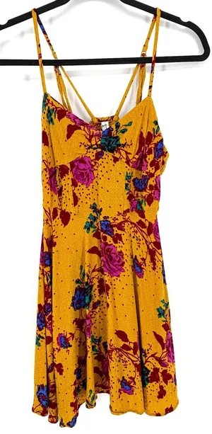Free People Mini Dress Floral Boho XS Yellow Strappy Sun Dress Festival Summer thumbnail 1