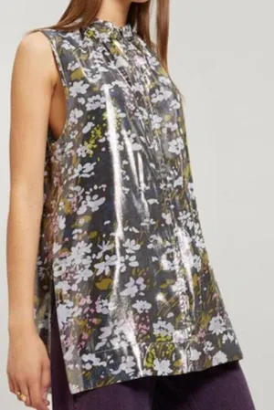 Ganni Floral print silk blend Metallic top Olive Green size 6 thumbnail 1