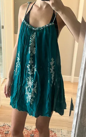 Forever 21 Blue Green Teal White Lace Embroidered Boho Bohemian Flowy Summer Mini Dress thumbnail 1