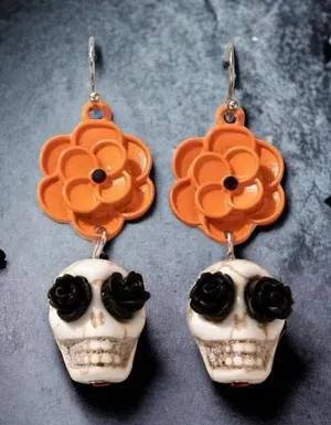 Skull Orange Flower Black Rose Eyes Drop Dangle‎ Earrings Faux Fashion Jewelry thumbnail 1