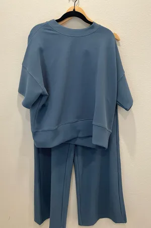 Relaxed Two-Piece Lounge Set in Dusty Blue by Zenana Size M thumbnail 1