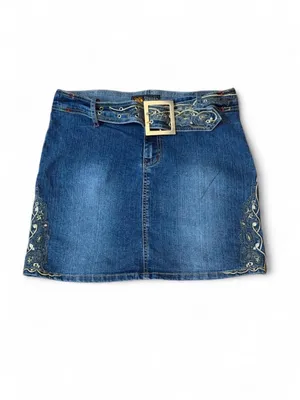 Route 66 Y2K Denim Mini Skirt Embroidered Belted Stretch Jean Skirt Size 10 thumbnail 2