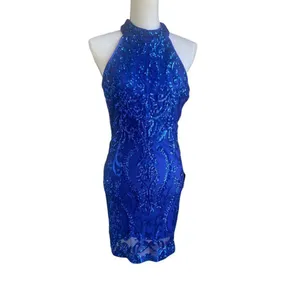 NWT Lulus Glittering Glamour Royal Blue Mock Neck Mini Dress L Bling Sexy Party thumbnail 2