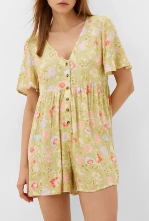 Billabong Spring Daze Babydoll Romper Size Small Floral Green thumbnail 1