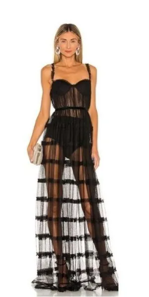 NWT Sau Lee Camille Tulle Ruffle Gown 4 Black Sheer Tiered Bustier Aline thumbnail 1