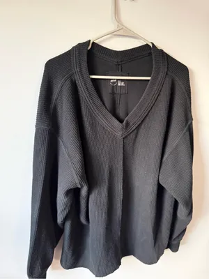 Aerie Waffle Knit Black V-Neck Ribbed Sweater Sweatshirt Black Size M Oversize thumbnail 4