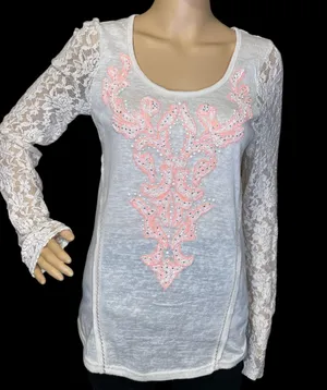 Sheer Long Lace Sleeve Blouse Cream With Coral Applique On Front Size L thumbnail 2