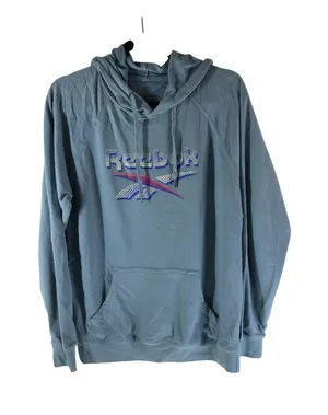 Reebok Womens Hoodie French Terry Pullover Pockets Logo Graphic Print Blue L thumbnail 1