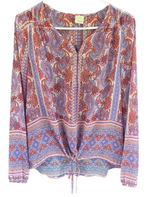 EUC ecru Paisley Print Drawstring Hem Blouse Large thumbnail 1