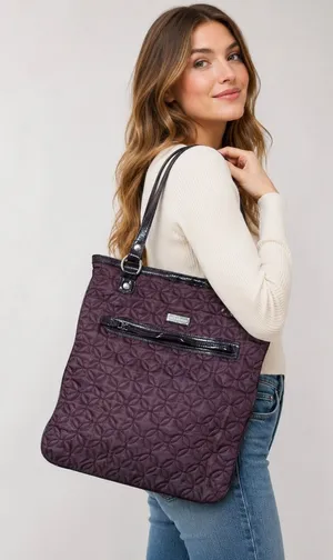 Vera Bradley Quilted Tote Bag Purple Patent Trim Geometric Stitched Shoulder thumbnail 1