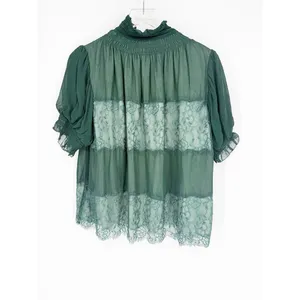 Anthropologie High Neck Lace Swing Blouse Women's S Green Romantic‎ thumbnail 3