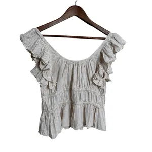 Ulla Johnson 100% Linen Ruffle Sleeve Smocked Peplum Top Ivory Stripe size 6 thumbnail 2