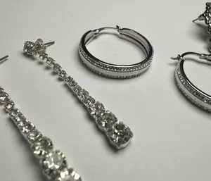 Sparkly Clear Rhinestone Pierced Earrings Lot Of 3 Dangle Hoop Stud Silver Tone thumbnail 7