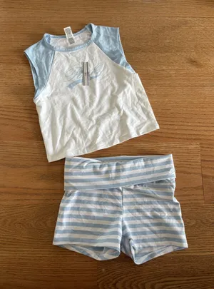 Frankie's Bikinis White & Light Blue Sleeveless Top and Striped Shorts Set thumbnail 1