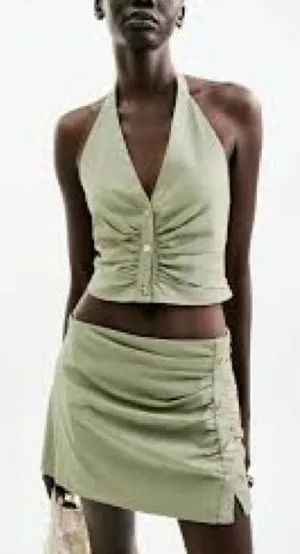 Zara green linen halter neck button front top NWT medium thumbnail 1