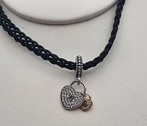 Pandora Sterling Silver Heart Padlocks & Black Woven Cord Choker thumbnail 4