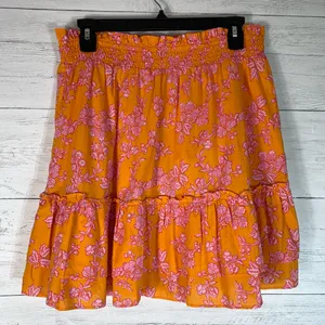 J Crew Womens Medium Pull On Skirt Smocked Waist Floral Orange Pink Summer thumbnail 2