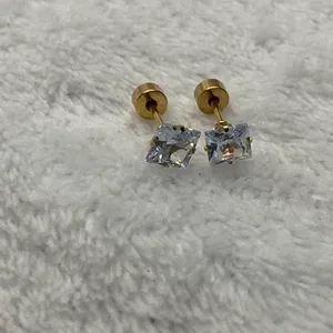 18k Gold plated Square White Crystal Zircon 4mm Stud Earrings - ERG-S thumbnail 6
