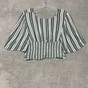 American Eagle Shirt Womens Medium Cropped Green‎ White Stripe Keyhole Smocked thumbnail 6