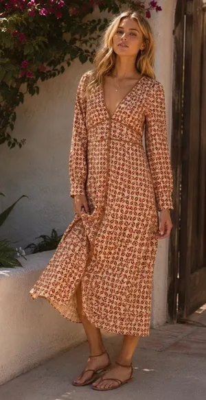 Lost + Wander Golden Dawn Orange Geometric Print Long Sleeve Boho Midi Dress S thumbnail 1
