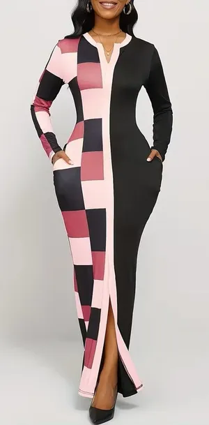 NWT ~ Long Black & Pink Sexy Colorblock Bodycon Pockets Maxi Dress Women's XL thumbnail 1