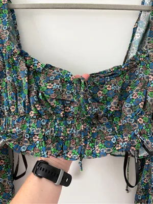 For Love And Lemons Alisa Blue Green Floral Sweetheart Long Sleeve Crop Top NWT thumbnail 3