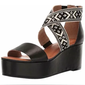 Lucky Brand GWINDOLIN Espadrille Wedge Sandal Black Leather Open Toe Platform 5 thumbnail 1