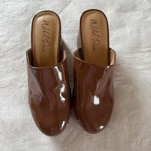 Wild Pair 3 Chunky Cappuccino Brown wooden platform clogs with gold stud details & a boho vibe thumbnail 3