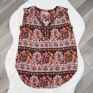 Loft Boho Floral Split Neck Sleeveless Tunic Tank Top Shirt Peach‎ Coral Medium thumbnail 13