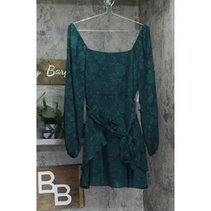 NWT Trixxi Waist Ruffled Jacquard Fit Flare Sheer Sleeved Dress Hunter Green L thumbnail 4